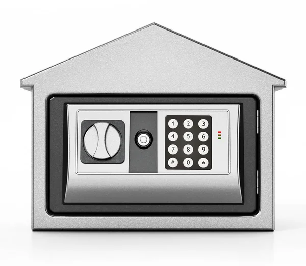 银行大楼形状的钢制安全隔离在白色背景 3D插图 — 图库照片