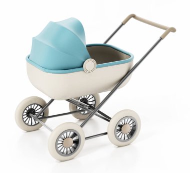 Retro baby stroller isolated on white background. 3D illustration. clipart