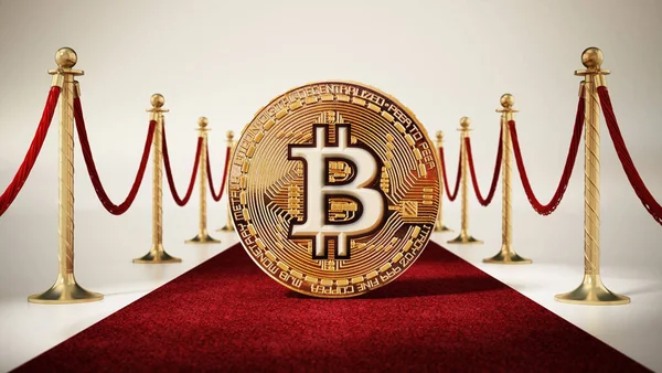 Representación ficticia de Bitcoin de pie en la alfombra roja con cuerdas de terciopelo en ambos lados. Ilustración 3D —  Fotos de Stock