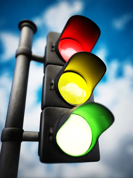 交通信号灯 黄色和绿色灯 蓝色背景 3D插图 — 图库照片