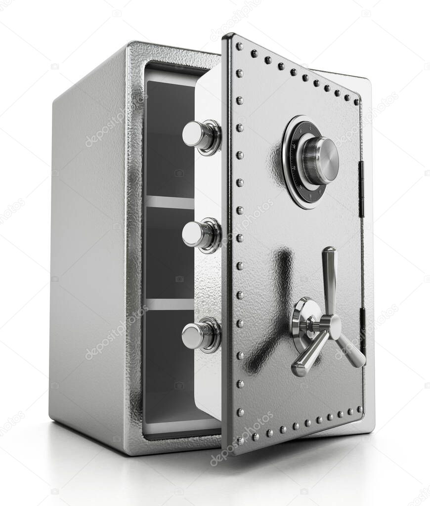 Open steel safe isolated on white background. 3D illustration.