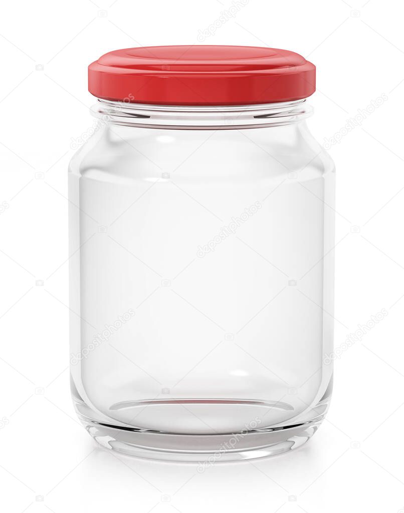Empty glass jar with red lids isolated on white background. 3D illustration.