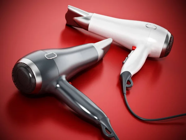 Professional hair dryers on red background.. 3D illustration.