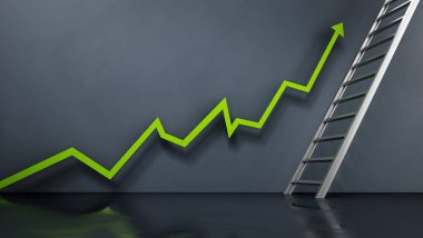 Yükselen satış oku merdivene çıkıyor. İş ve pazarlama kavramı. 3B illüstrasyon.