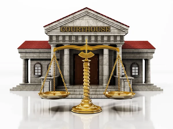 Courthouse and balanced scale isolated on white background. 3D illustration.