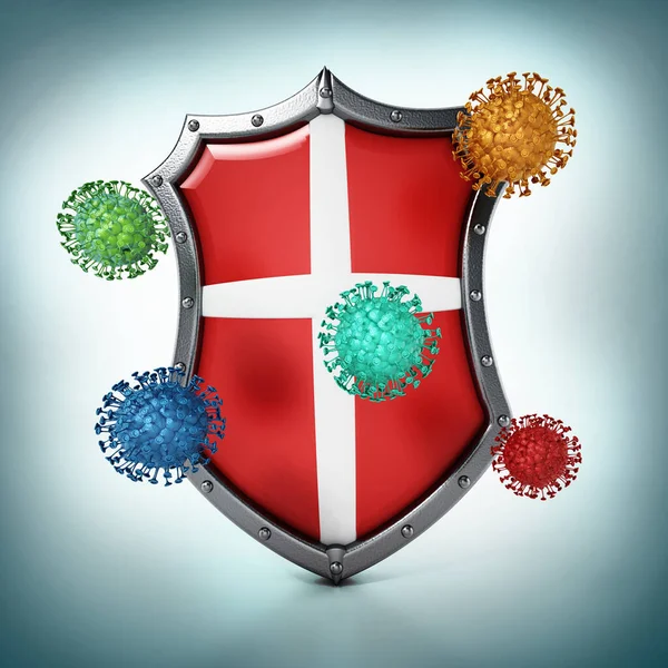 Colored viruses and shield isolated on green background. 3D illustration.