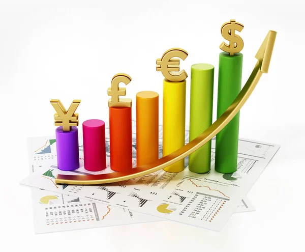 Flecha Ascendente Gráfico Con Símbolos Dólar Euro Libra Yen Ilustración —  Fotos de Stock