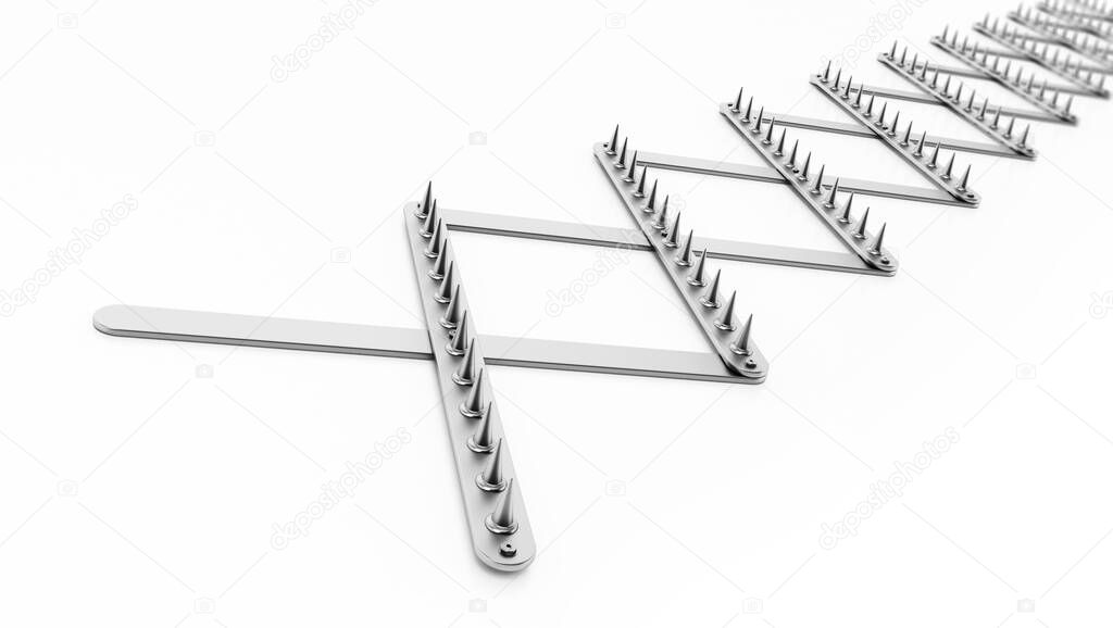 Road spike or tire trap isolated on white background. 3D illustration.