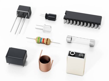 Beyaz arka planda izole edilmiş yedek elektronik parçalar. 3B illüstrasyon.