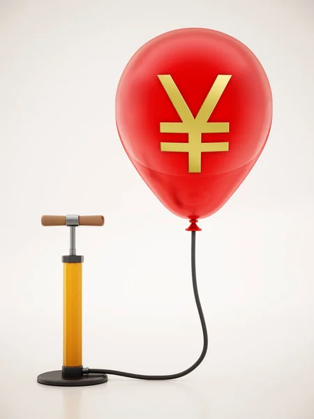 手动手泵连接到充气的红色气球上 带有Yen图标 3D插图 — 图库照片