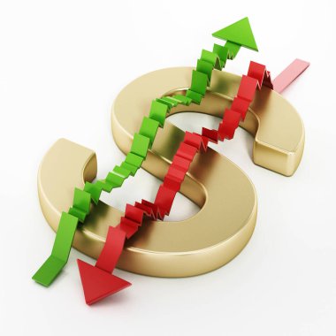 Yükselen ve düşen istatistik okları S 3D harfiyle bir dolar işareti oluşturuyor..