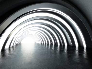 Zeminde yansıması olan parlak fütüristik bir tünel. 3B illüstrasyon.