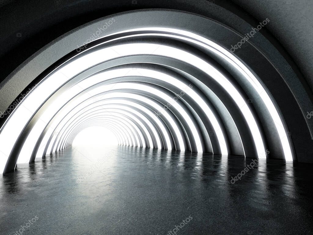 Brighthly lit futuristic tunnel with reflection on the ground. 3D illustration.