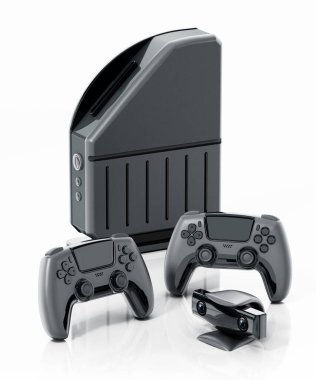 Genel video oyun konsolu, kontrolörler ve beyaz arkaplanda izole edilmiş kamera. 3B illüstrasyon.