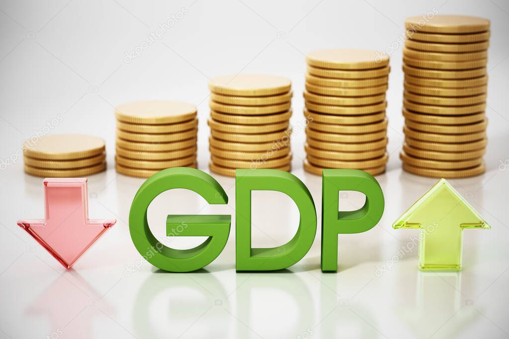 GDP word, rising and falling arrows and coins. Gross domestic product concept. 3D illustration.