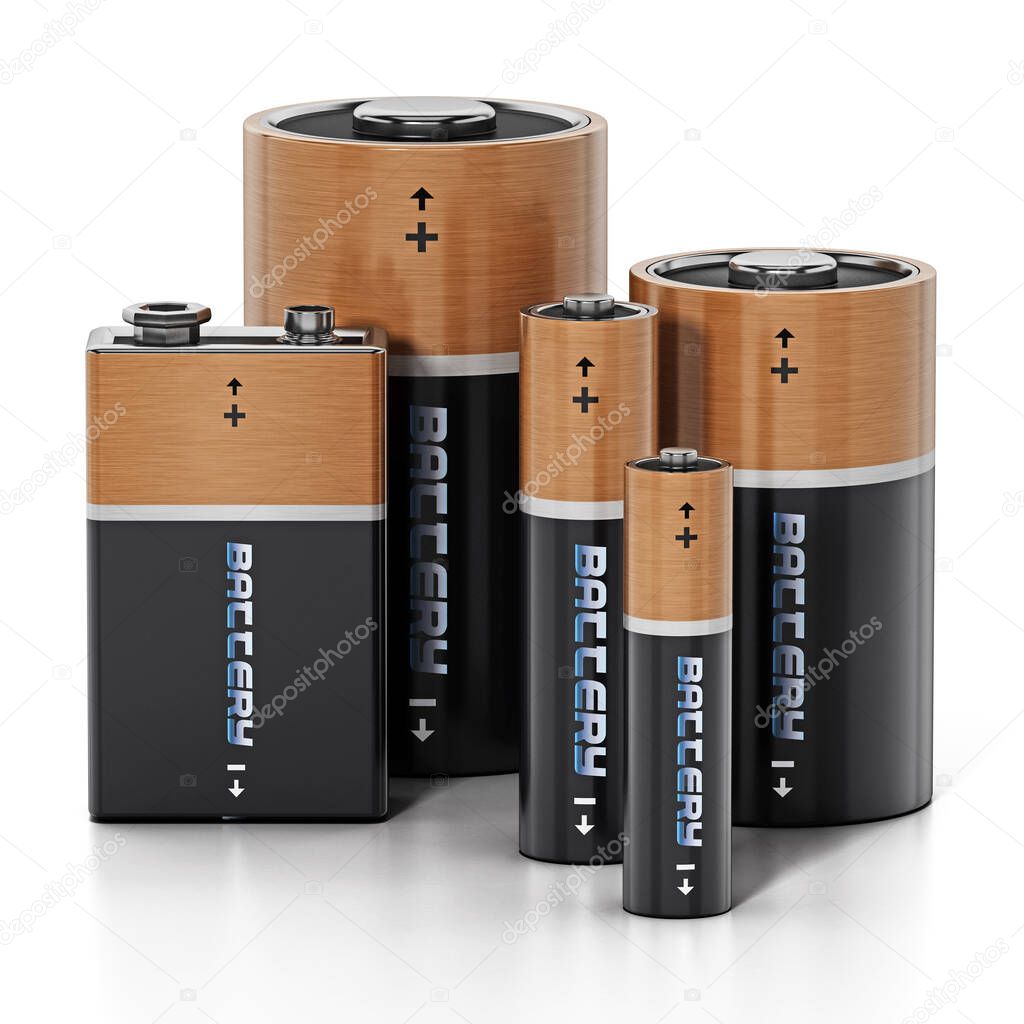 Group of various sized batteries isolated on white background. 3D illustration.