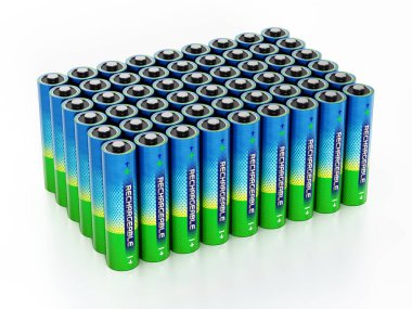 AA büyüklüğündeki şarj edilebilir piller beyaz arka planda izole edildi. 3B illüstrasyon.