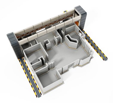 Dev bir 3D yazıcı ve 3D baskılı ev dış görünüşü. 3B illüstrasyon.