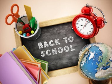 Back to school concept with text on the black board. 3D illustration.