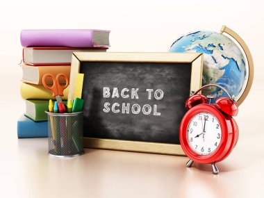 Back to school concept with text on the black board. 3D illustration.