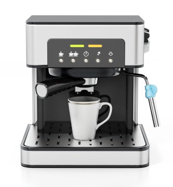 Paslanmaz çelik kahve makinesi beyaz arka planda izole edilmiş. 3B illüstrasyon.