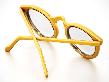 Beyaz arka planda izole edilmiş yuvarlak sarı gözlükler. 3B illüstrasyon.