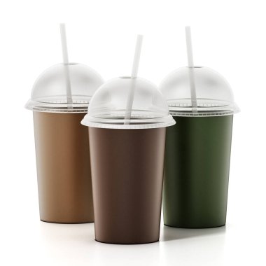 Tek kullanımlık kahve fincanları beyaz arka planda izole edilmiş. 3B illüstrasyon.