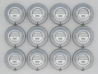 Enerji tasarruflu akıllı elektrik sayaçları üst üste. 3B illüstrasyon.
