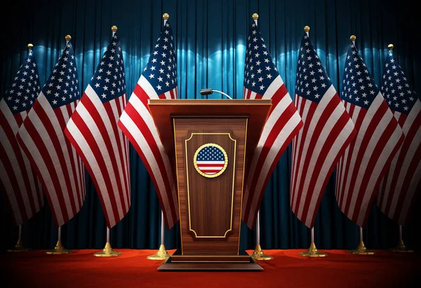 Группа Американских Флагов Стоящих Рядом Кафедрой Конференц Зале Иллюстрация — стоковое фото