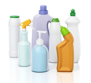 Beyaz arkaplanda boş temizlik ürünleri var. 3B illüstrasyon.