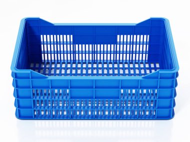 Mavi meyve sandığı beyaz arka planda izole edilmiş. 3B illüstrasyon.