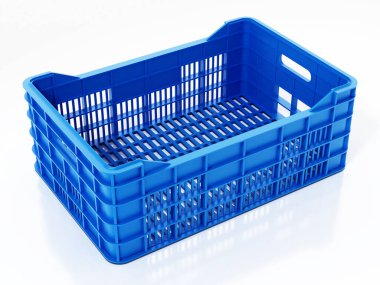 Mavi meyve sandığı beyaz arka planda izole edilmiş. 3B illüstrasyon.