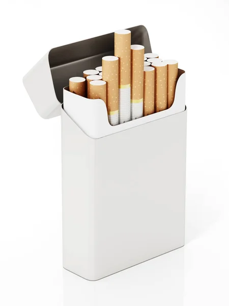 Cigarety uvnitř prázdného balení izolovaného na bílém pozadí. 3D ilustrace — Stock fotografie