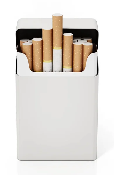 Cigarrillos dentro del paquete en blanco aislados sobre fondo blanco. Ilustración 3D — Foto de Stock