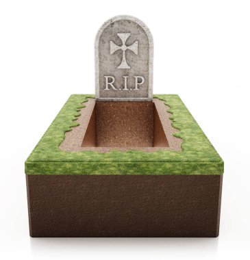 Beyaz arka planda izole edilmiş mezar taşıyla açık bir mezar. 3B illüstrasyon.