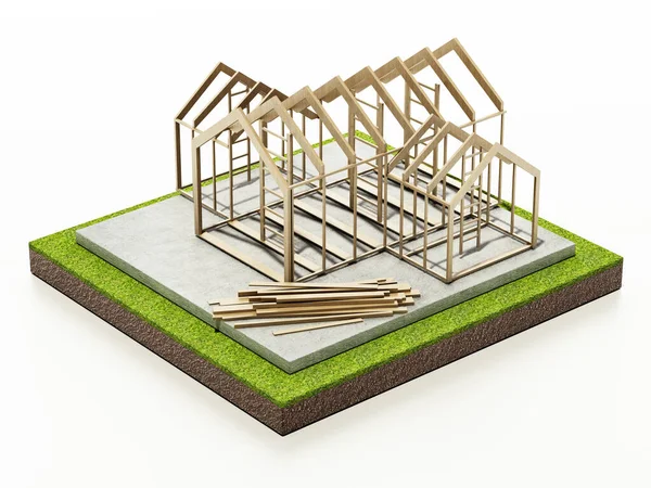 コンクリートベースの木造住宅構造 3Dイラスト — ストック写真
