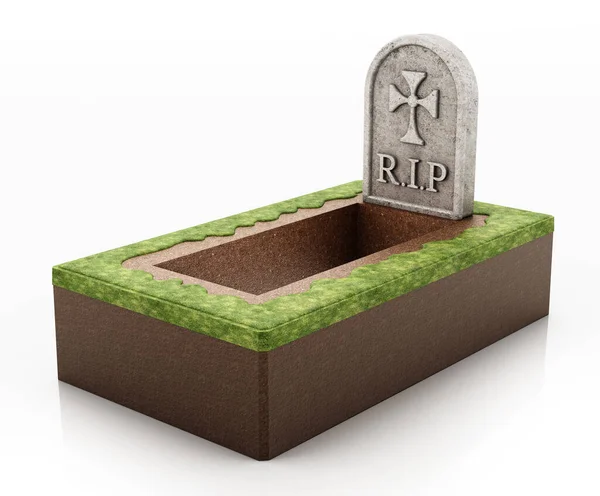 Open Grave Gravestone Isolated White Background Illustration — Stock Photo, Image