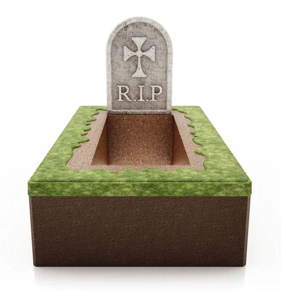 白い背景に孤立した墓石で墓を開きます 3Dイラスト — ストック写真