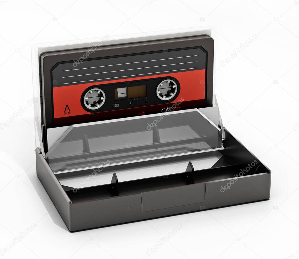 Vintage audio cassette and cassette case isolated on white background. 3D illustration.