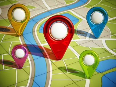 Renkli GPS işaretli şehir haritası. 3B illüstrasyon.