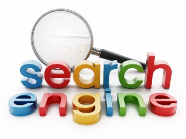 Arama motoru metni ve büyüteç beyaz arkaplanda izole edildi. 3B illüstrasyon.