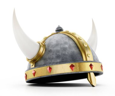 Beyaz arka planda izole edilmiş Viking miğferi. 3B illüstrasyon.