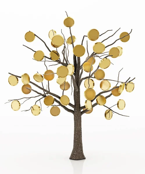 Träd Med Gyllene Mynt Isolerad Vit Bakgrund Illustration — Stockfoto