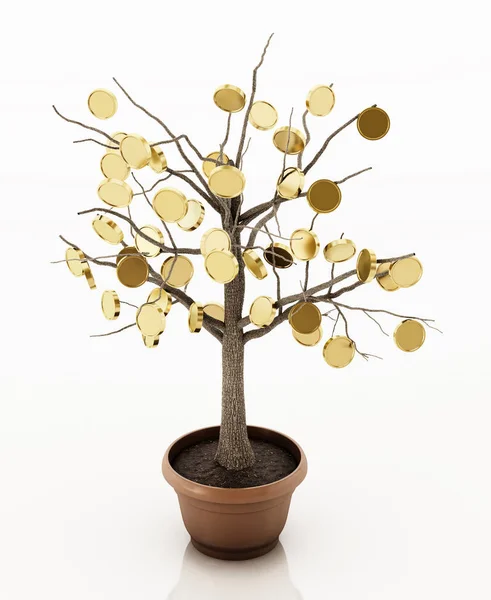 Träd Med Gyllene Mynt Potten Isolerad Vit Bakgrund Illustration — Stockfoto