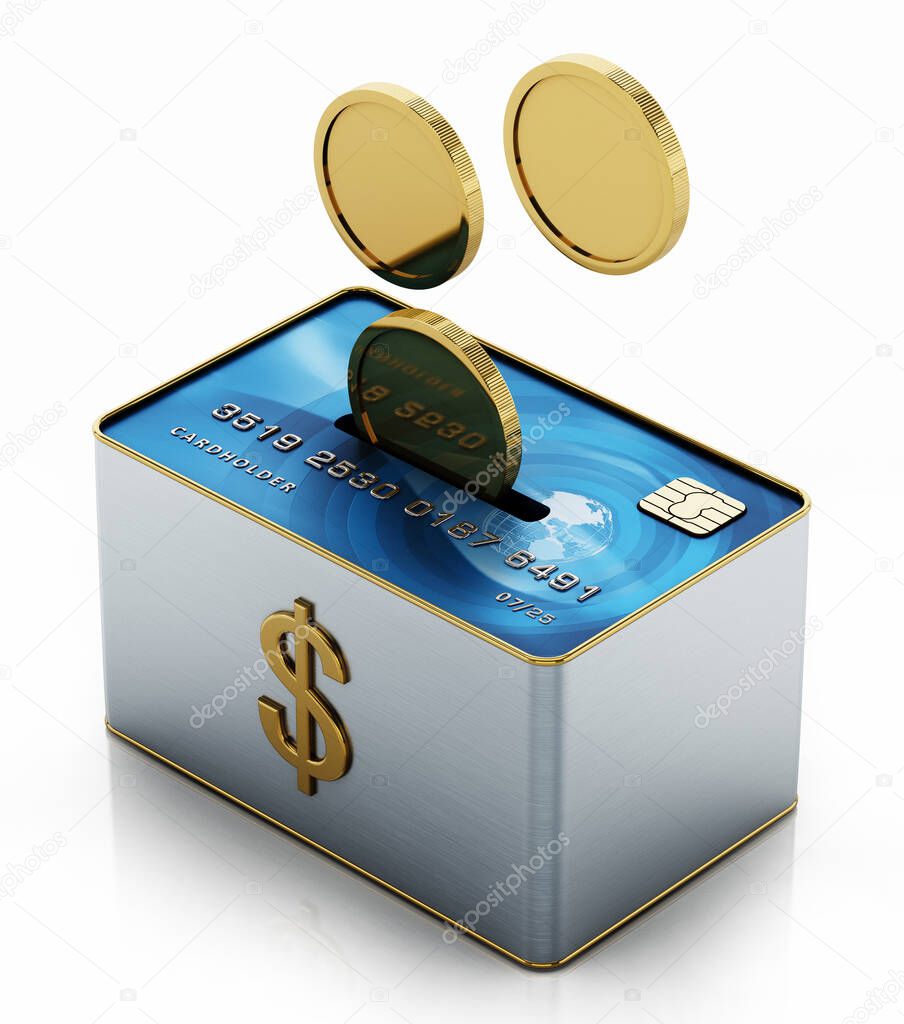 Moneybox with credit card and gold coins. 3D illustration.