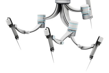 Robot destekli ameliyat için robot kollar beyaz arka planda izole edildi. 3B illüstrasyon.