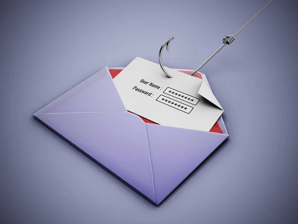 Fish hook stealing user name and password text areas on paper inside an enveloppe. 3D illustration.