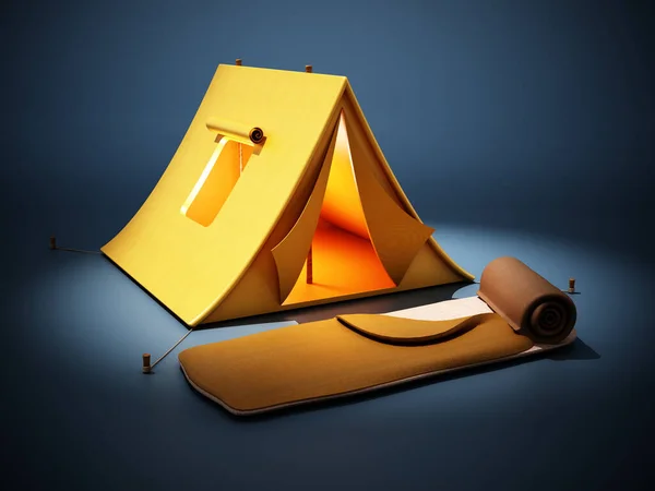Tenda Acampamento Saco Dormir Sobre Fundo Azul Escuro Ilustração — Fotografia de Stock