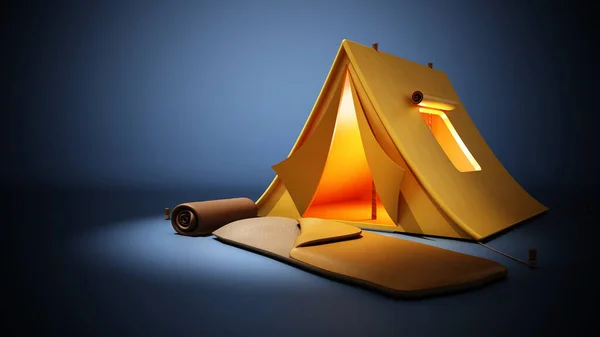 Camping Tält Och Sovsäck Står Mörkblå Bakgrund Illustration — Stockfoto