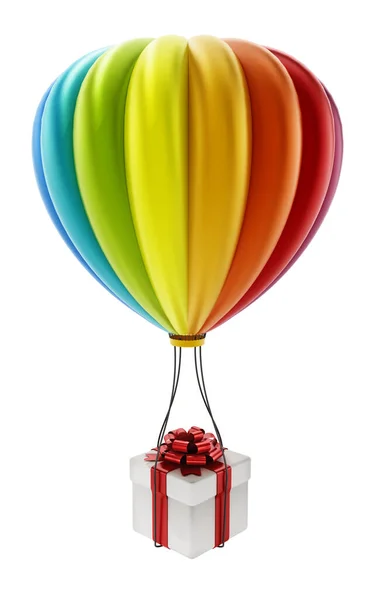 Colorful Hot Air Balloon Carying White Giftbox Wrapped Red Ribbon — Stock Photo, Image